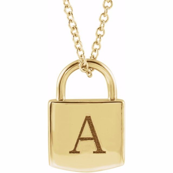 14k Gold Engravable Lock Pad Necklace - Picture 1 of 6
